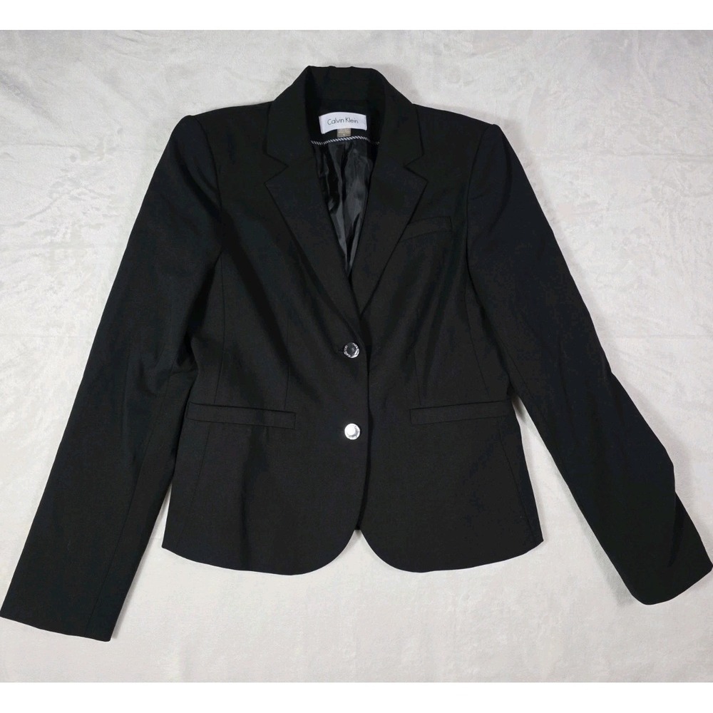 Calvin Klein Black Career Blazer Size 6 Tailored Stretch Lined Office Jacket - Picture 2 of 13